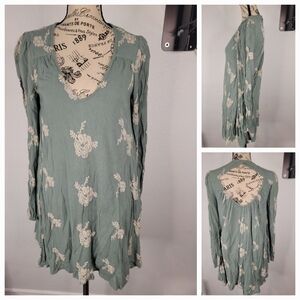Free People XS/ S Mini Dress Emmas Embroidered Floral Print Tunic Green